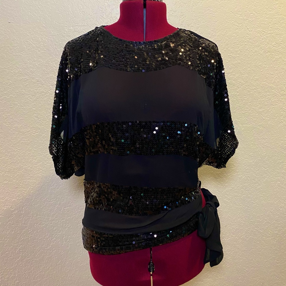 Kische | Black Blouse with Black Sequins Stripes M 🖤